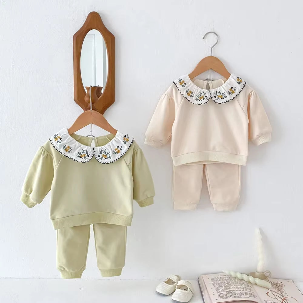 2024 Autumn Children'S Clothing Set 0-4Y Girls Embroider Doll Collar Hoodies Suit Kid'S Pullover and Pants 2Pcs