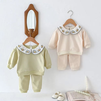 2024 Autumn Children'S Clothing Set 0-4Y Girls Embroider Doll Collar Hoodies Suit Kid'S Pullover and Pants 2Pcs