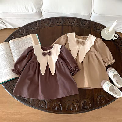 Spring Retro Ruffle Front Bow Knot Dress for Kids Baby Girls Clothing Cotton Splicing Toddler School Princess Dresse