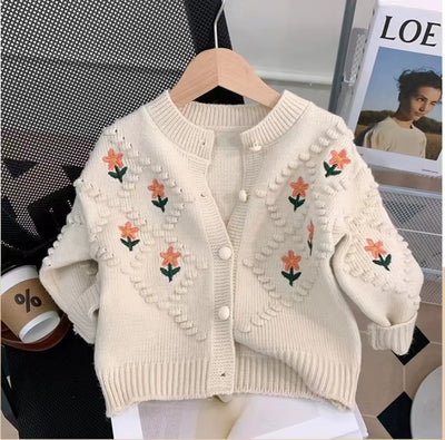 Autumn Children Girls Sweater Loose Solid Single Breasted Infant Babys Girls Knitwear Floral Embroidery Toddler Girls Cardigan