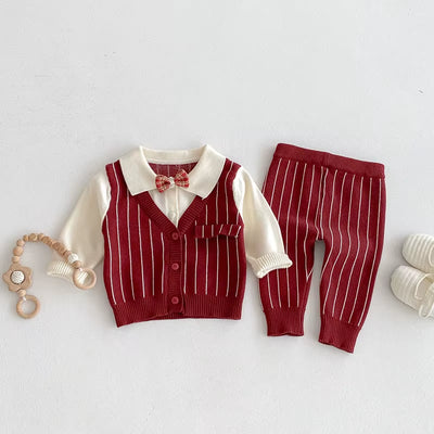 New Autumn Baby One Year Old Set 3-24M Vertical Stripes Boys' Red Suit Handsome Toddler Thin Knitted Two-Piece Set