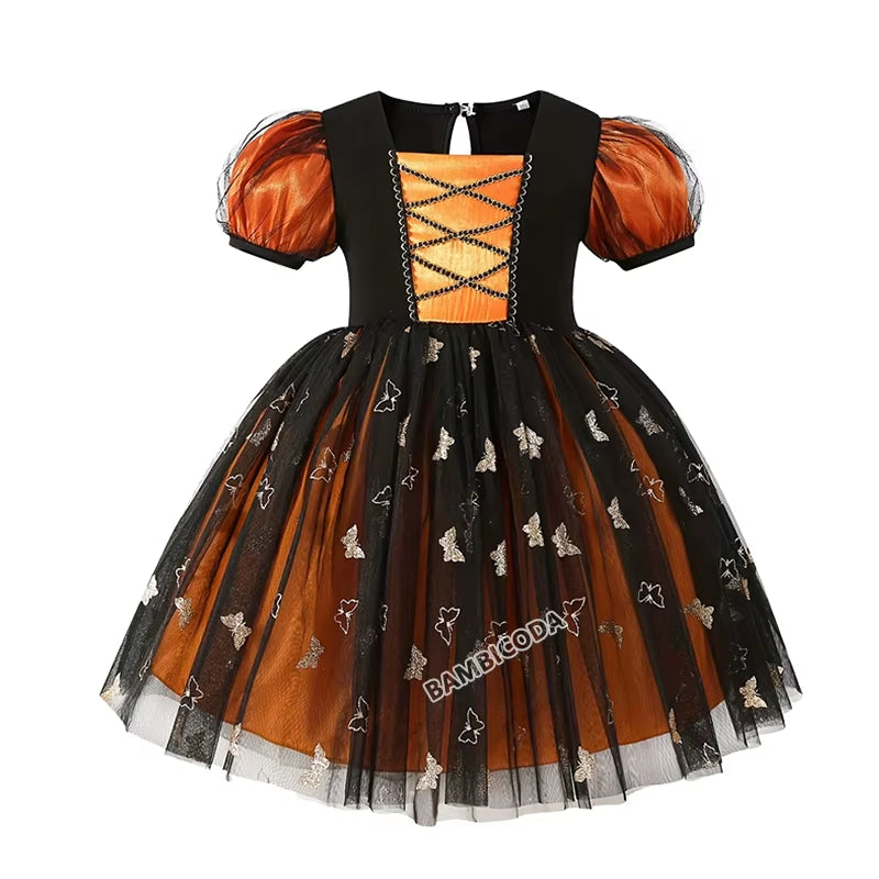 Halloween Disguised Fancy Girl Pumpkin Print Witch Princess Dress Masquerade Party Performance Clothing Cosplay