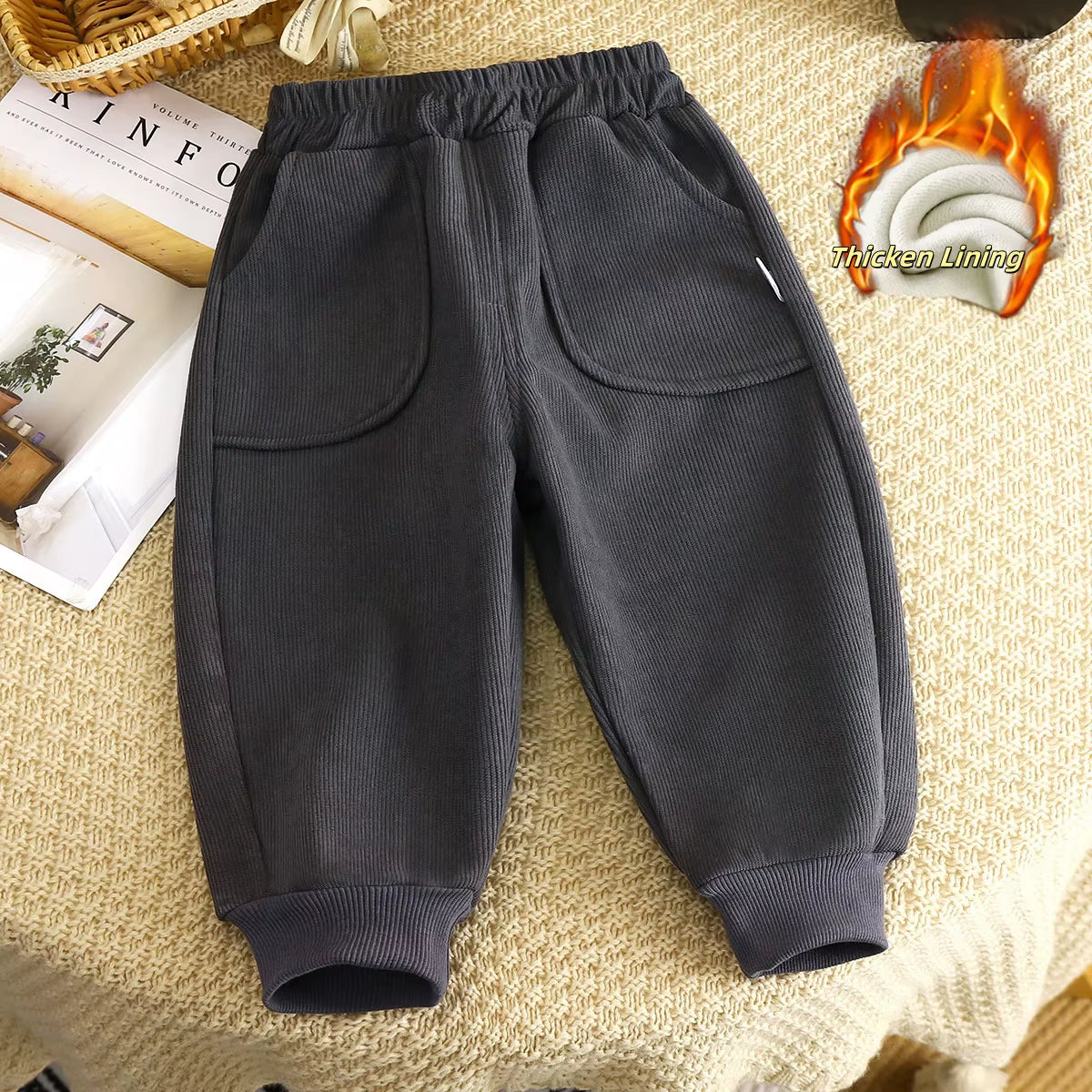 Winter Kids Sweatpants 1-8T Solid Color Thicken Girls Trousers Loose Boys Leisure Pants Korean Children Fleece Trousers