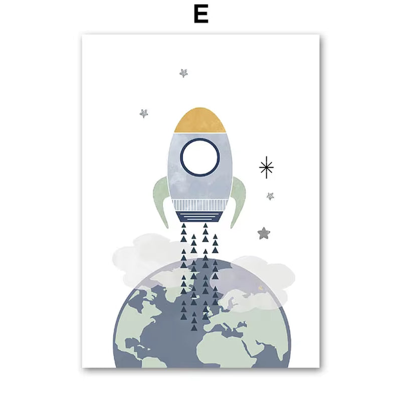 Sun Rainbow Moon Stars Planet Rocket Cartoon Explore Wall Art Canvas Painting Posters and Prints Pictures Baby Kids Room Decor