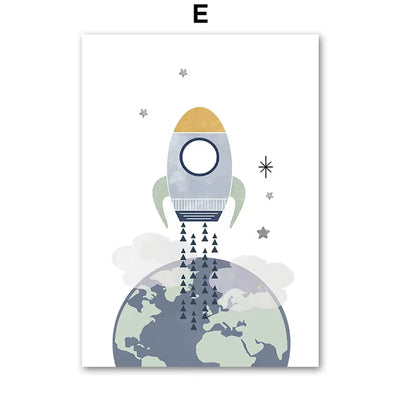 Sun Rainbow Moon Stars Planet Rocket Cartoon Explore Wall Art Canvas Painting Posters and Prints Pictures Baby Kids Room Decor