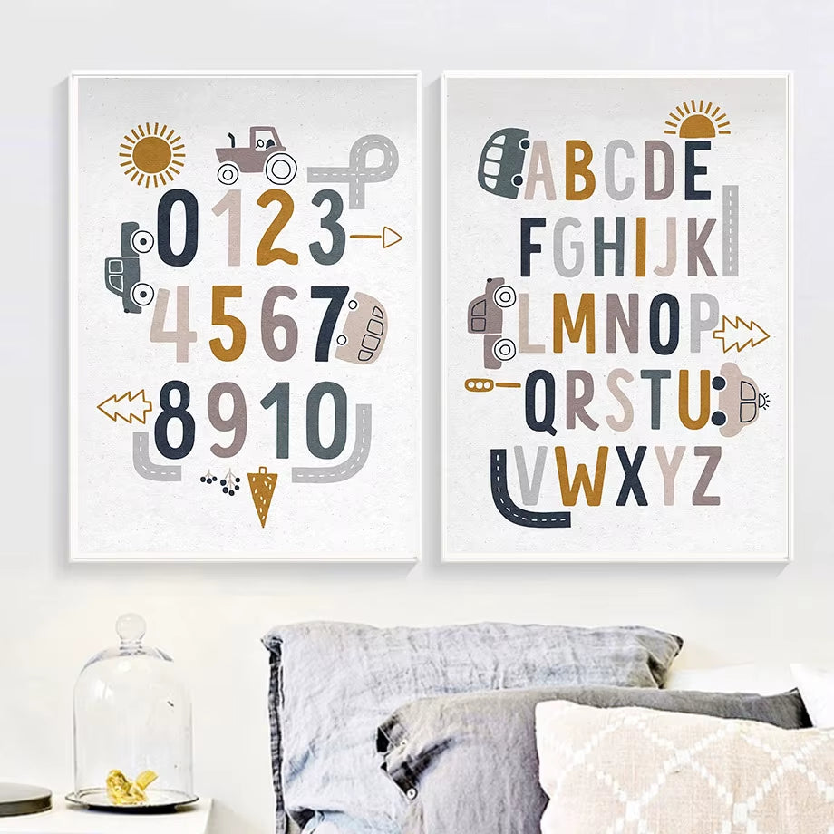 Boho Car Traffic Rainbow Alphabet Digit Wall Art Canvas Painting Nordic Cartoon Posters and Prints Pictures Baby Kids Room Decor