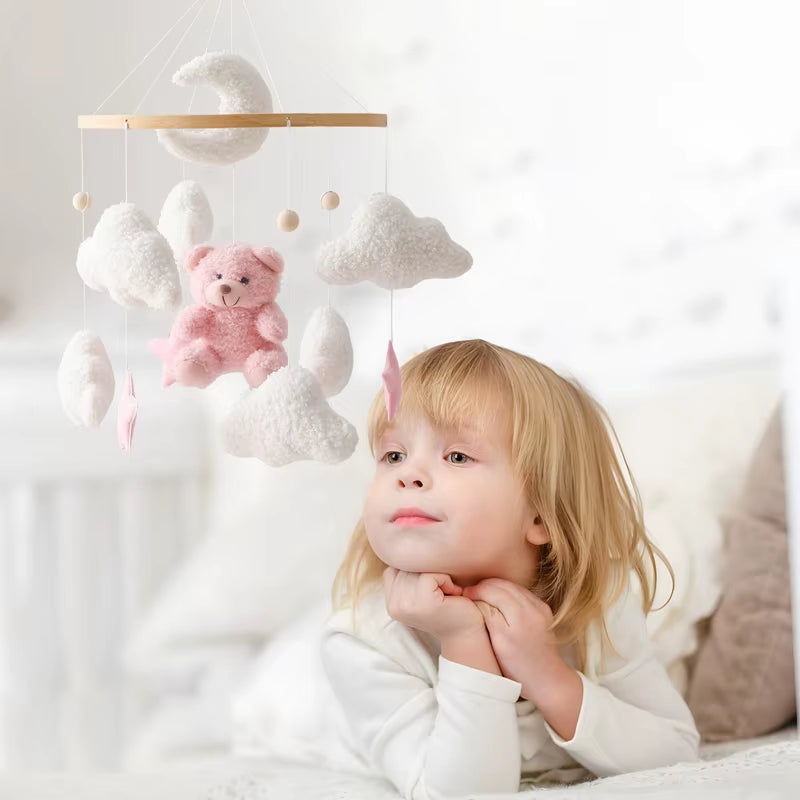 Baby Crib Mobile Rattle Toy 0-12Months Infant Soft Felt Teddy Velvet Pink Bear Bed Bell Hanging Toy Holder Bracket Crib Girl Toy