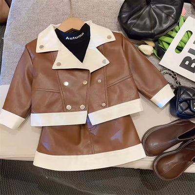 New Girls Set Autumn Collection 2024 Stylish Leather Jacket Short Skirt Childrens Wear Two Piece Set