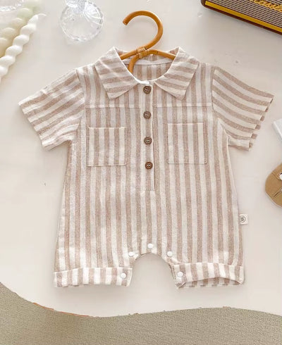 Baby Boys Rompers Striped Jumpsuits Turn down Collar Toddler Boys Summer Clothing