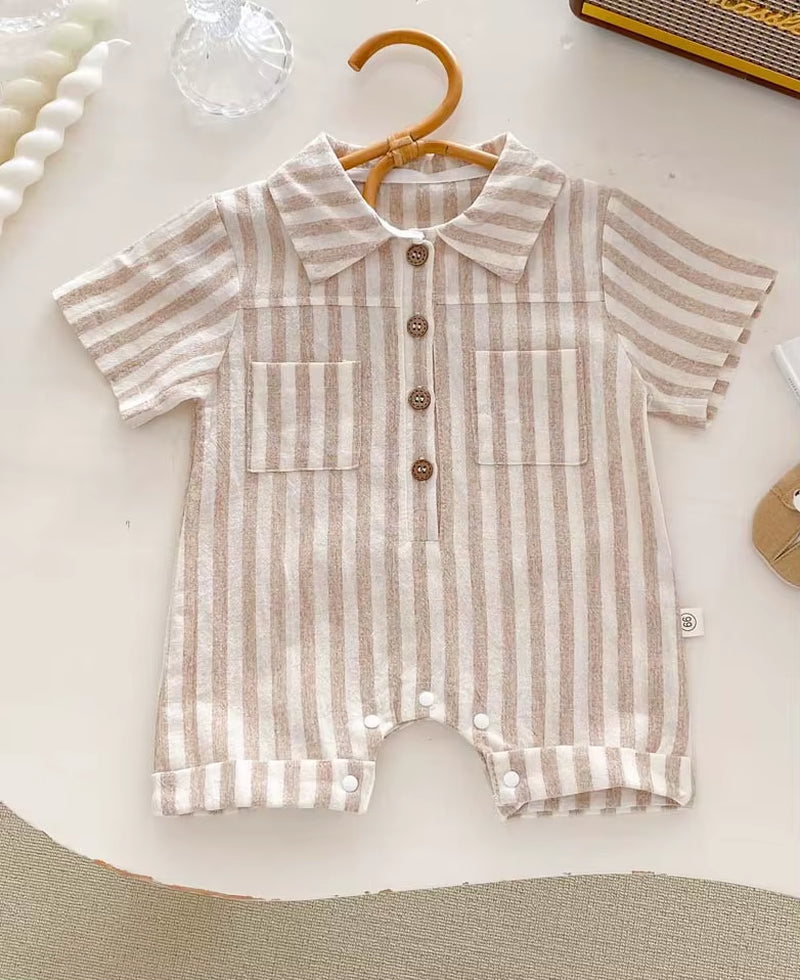 Baby Boys Rompers Striped Jumpsuits Turn down Collar Toddler Boys Summer Clothing