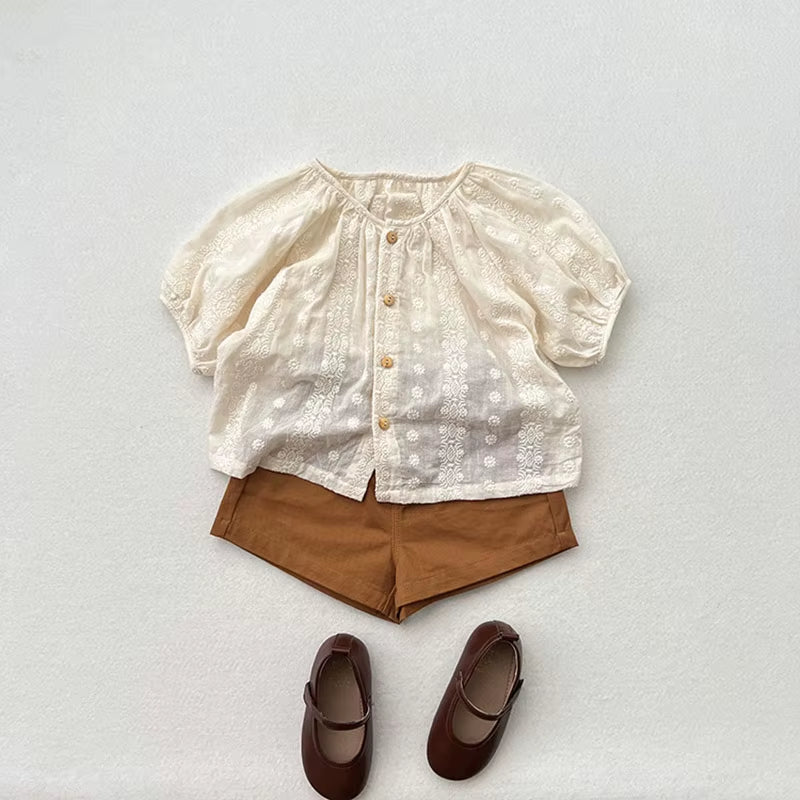 2024 New Summer Kids Baby Shirt Girls Sweet Embroidery Floral Blouse Tops Children Outwear Clothes 1-6T