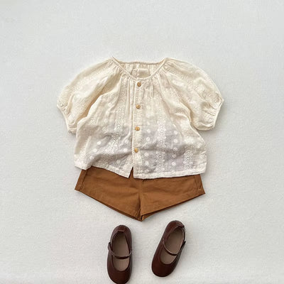 2024 New Summer Kids Baby Shirt Girls Sweet Embroidery Floral Blouse Tops Children Outwear Clothes 1-6T