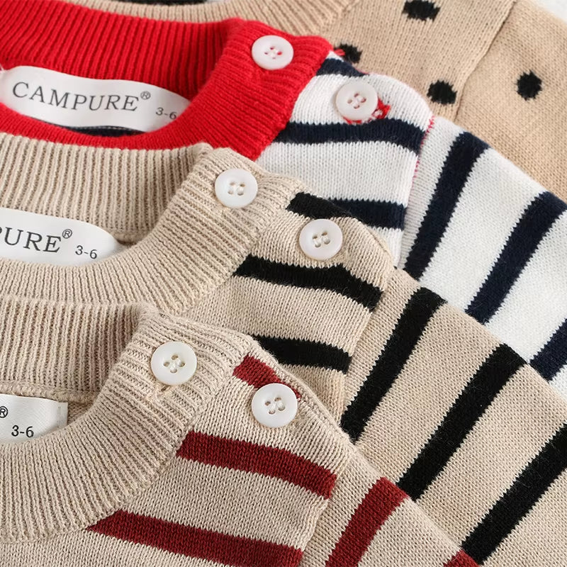 Classic Spring Baby Sweatshirt with Shoulder Buckle 0-3Y Toddler Stripe Knitted Pullover Girls and Boys Loose Base Tops Sweater