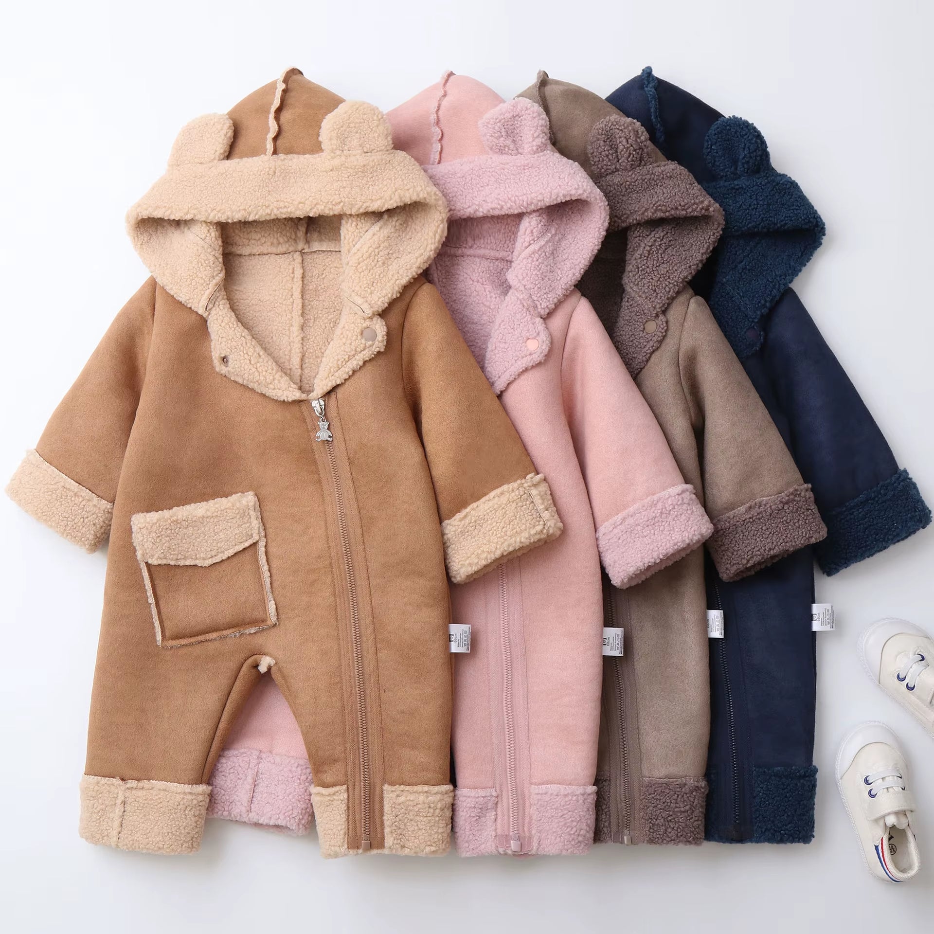 0-2Y Winter Baby Boys Clothes Fur Hoodie Girls Jumpsuits Fleece Lining Baby Rompers Windy Break Infant Outfit