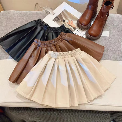 New Children'S Skirt 2025 Autumn/Winter New PU Leather Skirt Solid Color Hundred Fold Half Body Skirt Versatile