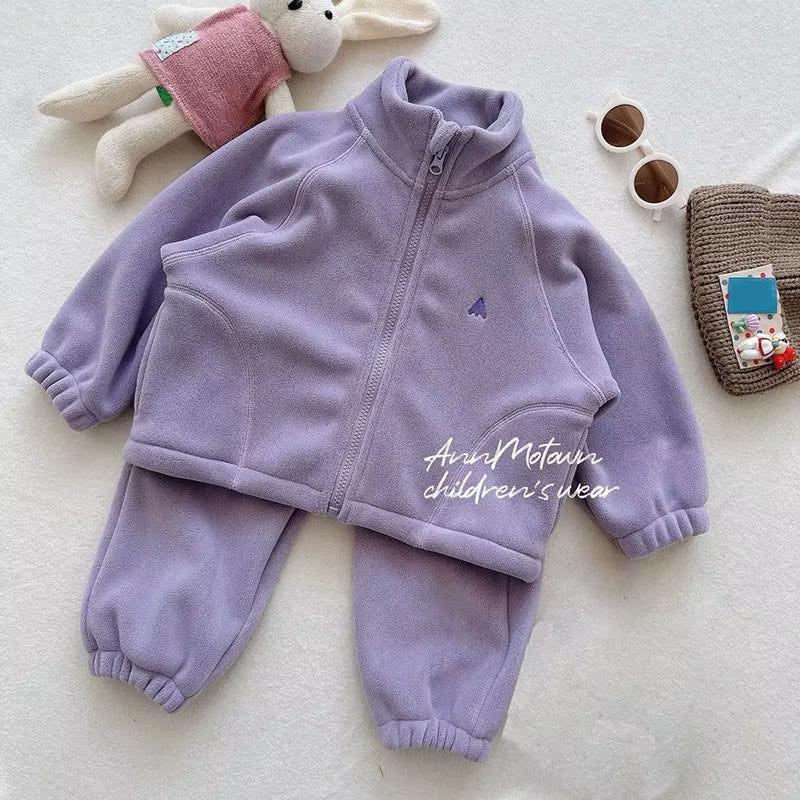 New Autumn Kids Clothes Set 2-7T Solid Color Girls Thicken Jacket+Pants Candy Color Cute Children Outfit 2PCS