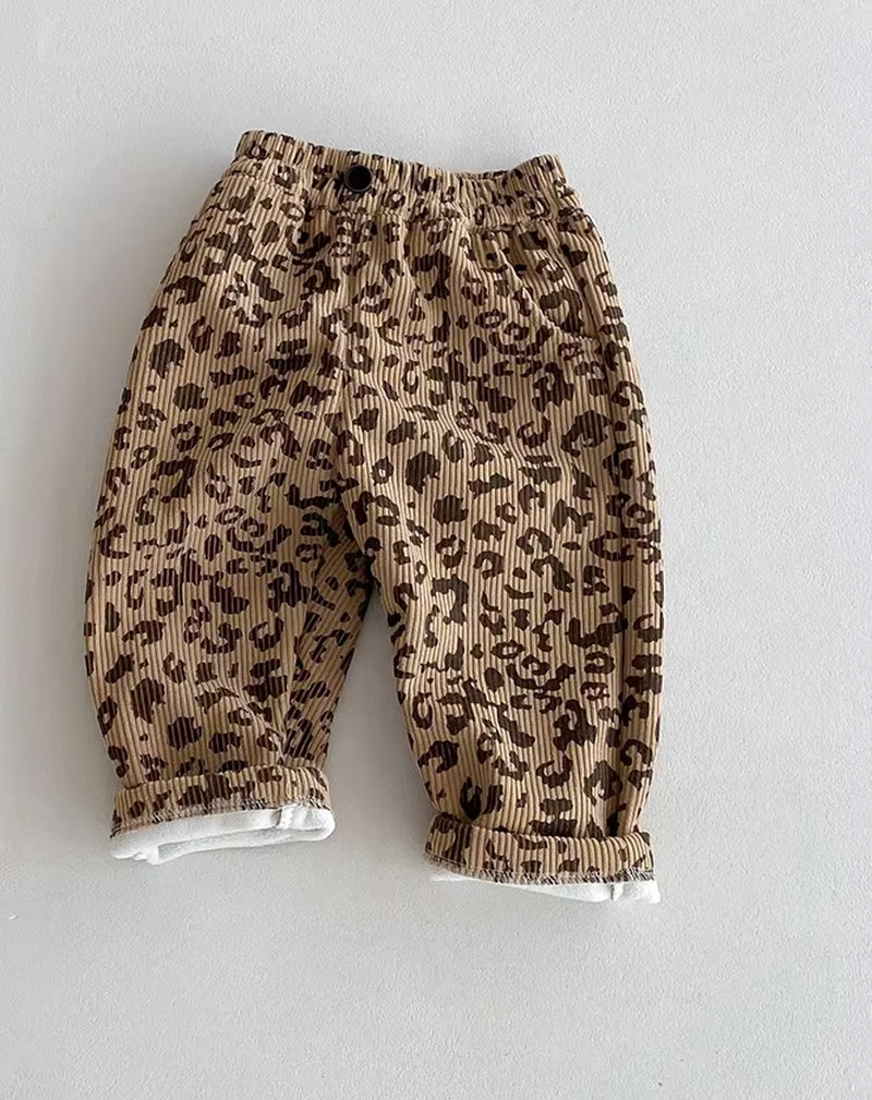 1-5Y Kids Trousers Warm Fur Lining Girls Pants Leopard Print Boys Trousers Fashion Full Length Pants