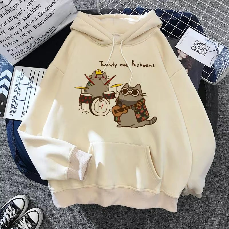 Women'S Cat Hooded Sweatshirt 2024 Cartoon Costume Korean Harajuku Kawai Style Oversized