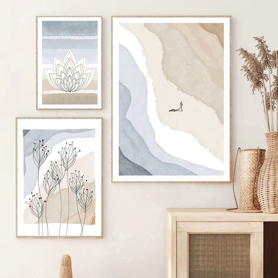 Boho Ocean Sun Rainbow Lotus Tree Abstract Landscape Posters and Prints Wall Art Canvas Painting Pictures for Living Room Decor