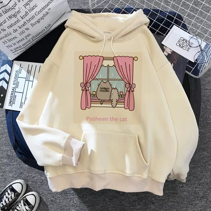 Women'S Cat Hooded Sweatshirt 2024 Cartoon Costume Korean Harajuku Kawai Style Oversized