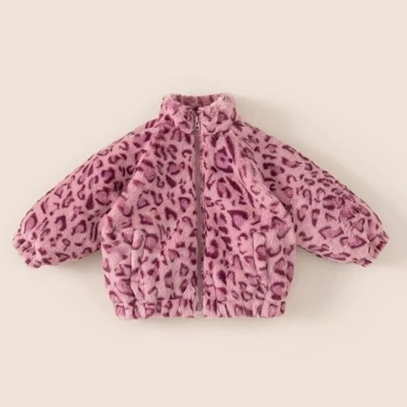 New Children'S Sweater Jacket, Girls' Winter Stylish Leopard Print Top, Baby with Plush and Thickened